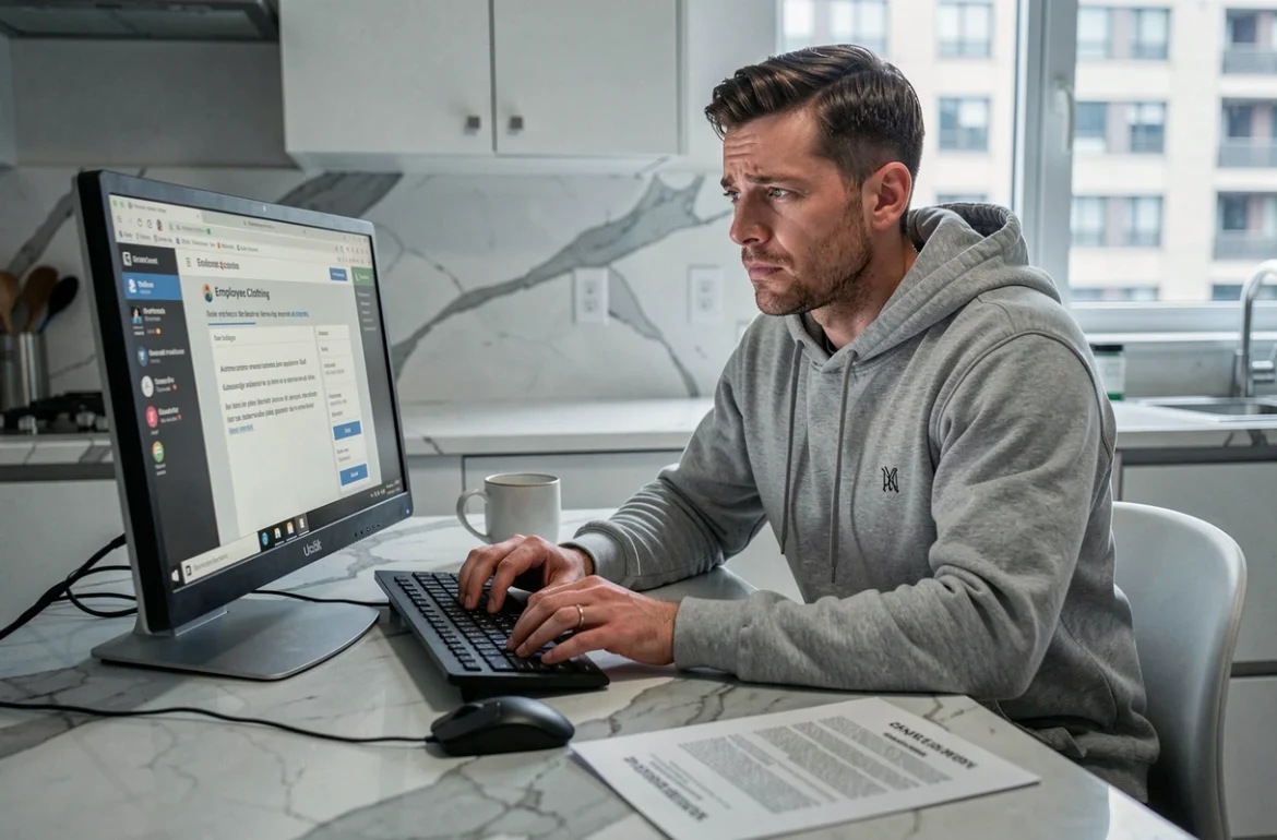 Homme accédant à un site e-habillement depuis un ordinateur personnel dans une cuisine moderne