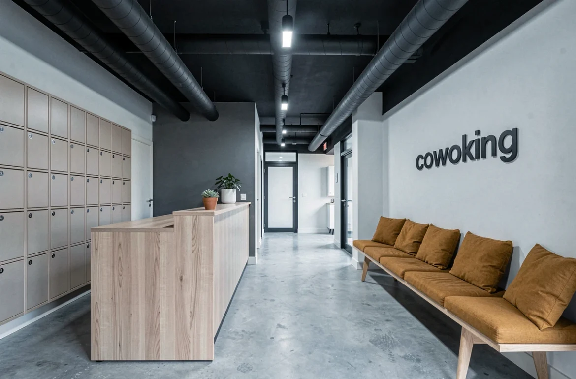 Entrée et accueil d'un espace de coworking moderne à Orvault avec mobilier épuré