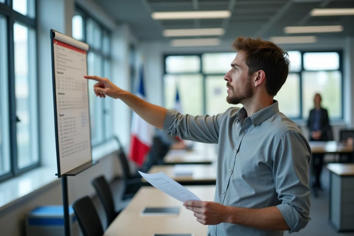 Administrateur scolaire vérifiant les dates de paiement des salaires de l'Éducation Nationale sur un calendrier mural 2026