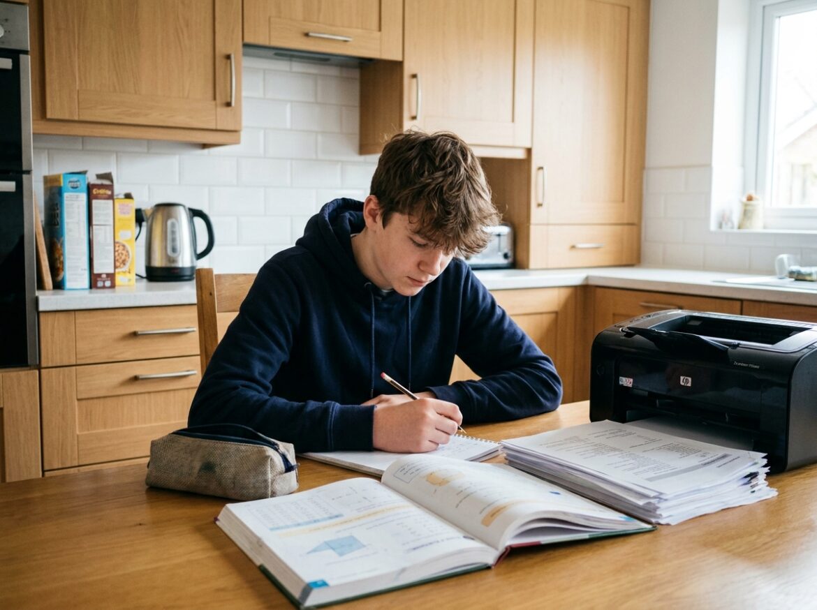 Adolescent faisant ses devoirs à la table de cuisine avec une imprimante laser et des fiches imprimées