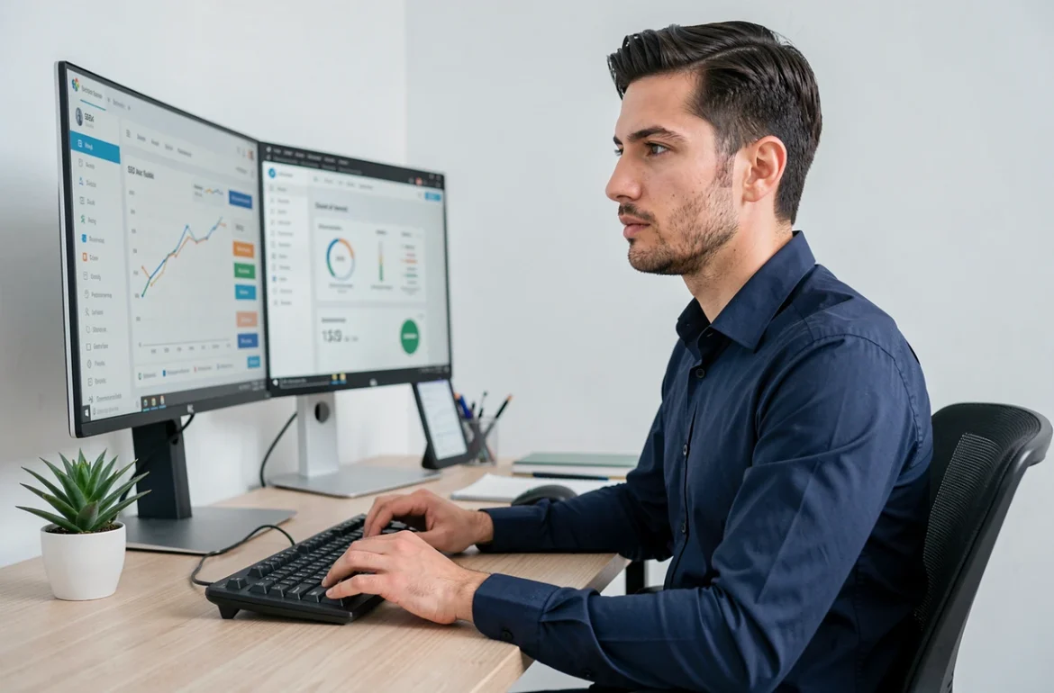 Stratège SEO masculin travaillant sur un audit de référencement dans un bureau minimaliste pour l'agence Effi10