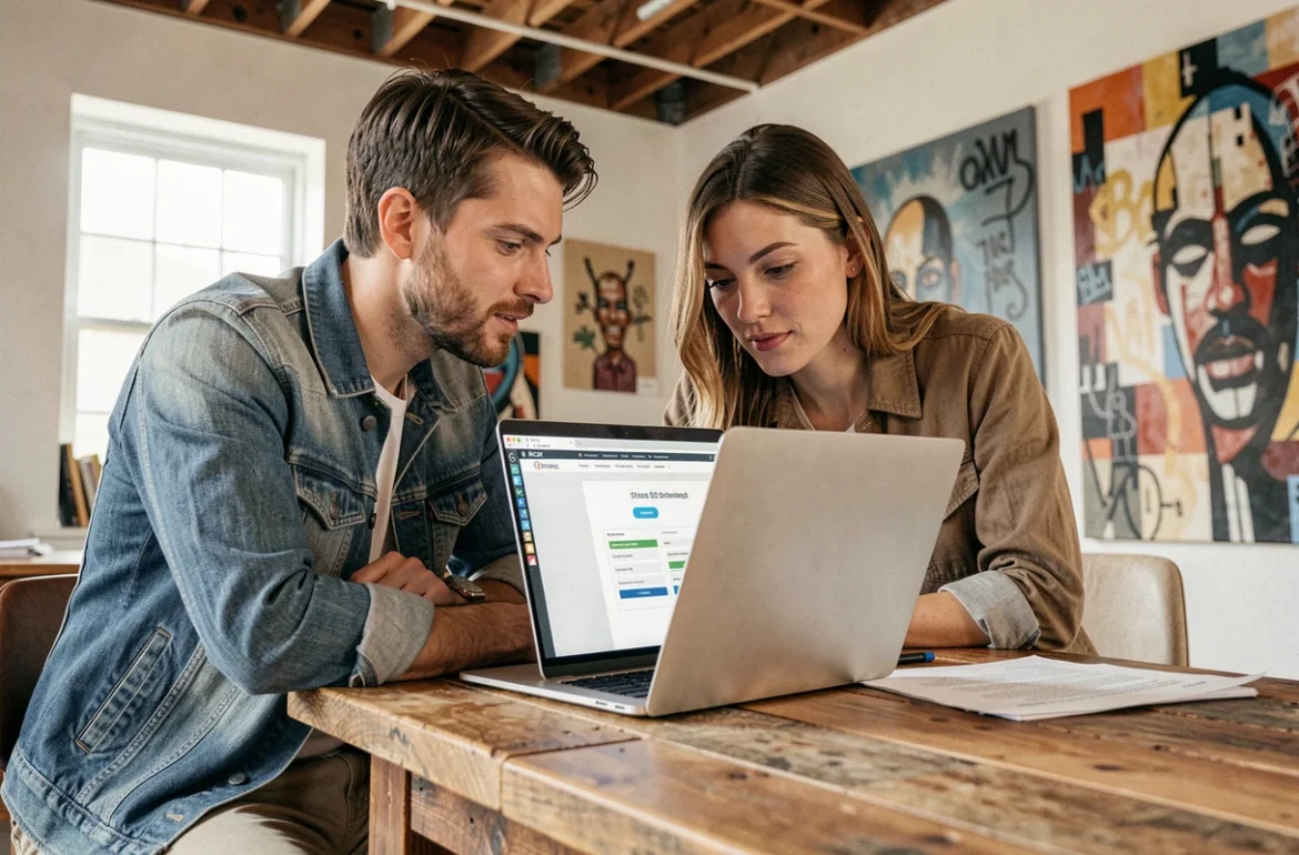 Duo créatif de l'agence Tothemoon collaborant sur une stratégie SEO et des wireframes de site web