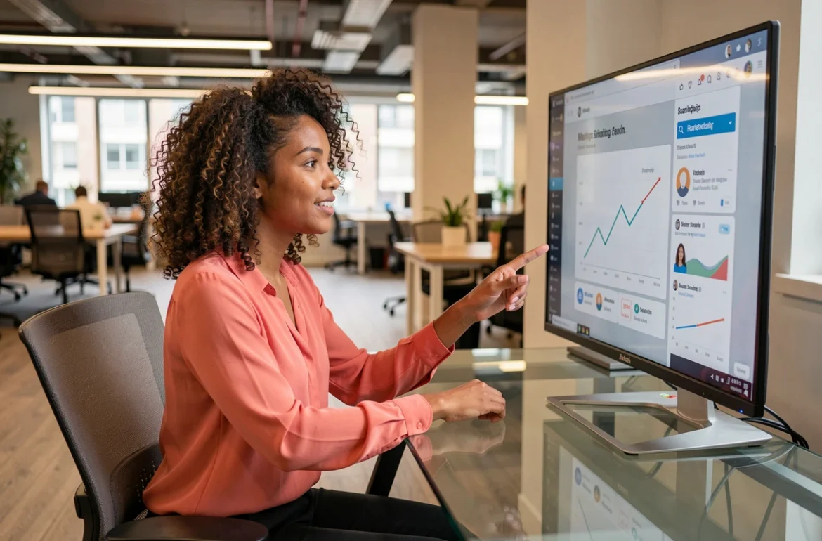 Consultante en marketing digital présentant une campagne SEO sur grand écran pour l'agence Tourak Digital