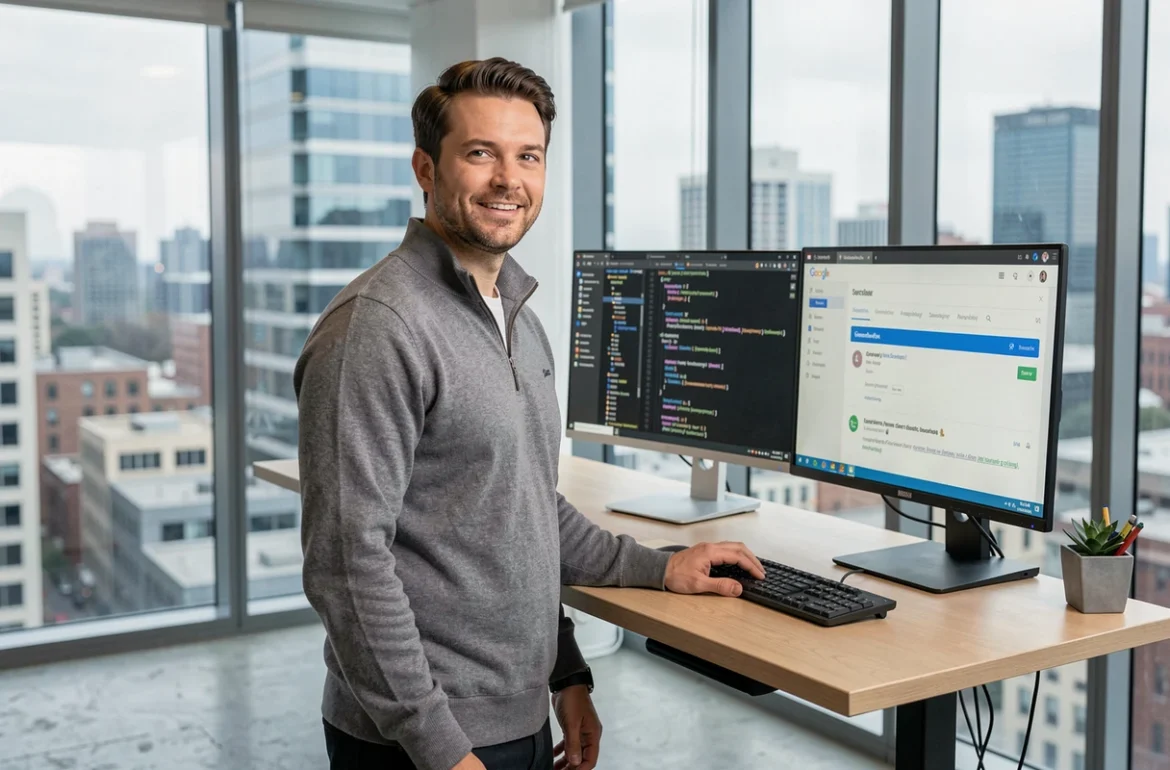 Développeur web de l'agence Webup debout devant plusieurs écrans affichant des outils SEO et du code