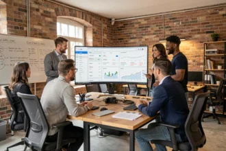 Équipe d'une agence SEO dans l'Aube travaillant sur des tableaux de bord d'analyse de référencement naturel