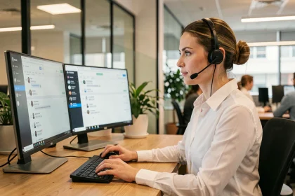 Agente de service client avec casque sans fil répondant à un chat en direct sur son poste de travail en bureau moderne