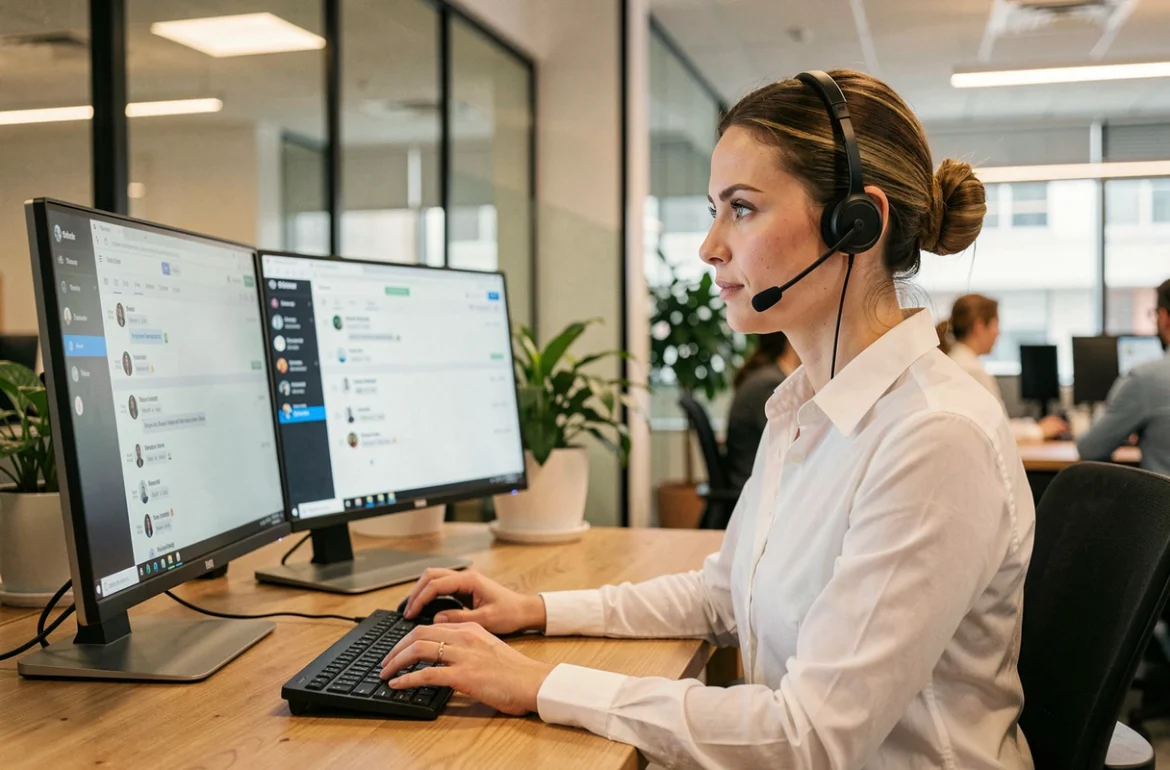 Agente de service client avec casque sans fil répondant à un chat en direct sur son poste de travail en bureau moderne