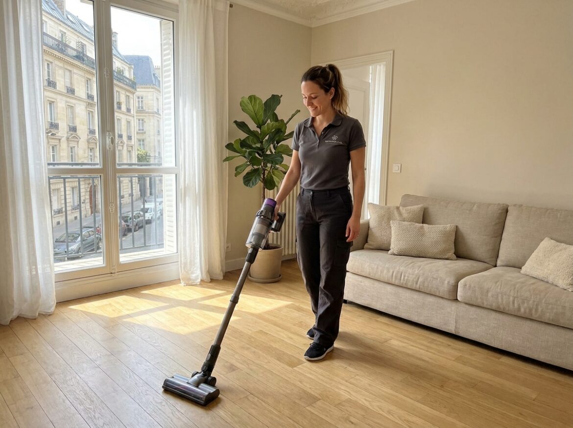 Aide ménagère passant l'aspirateur dans un salon lumineux d'un appartement à Metz