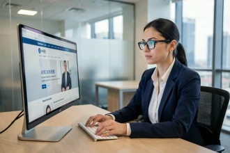 Femme professionnelle analysant la présence en ligne d'un site web sur un écran d'ordinateur dans un bureau moderne