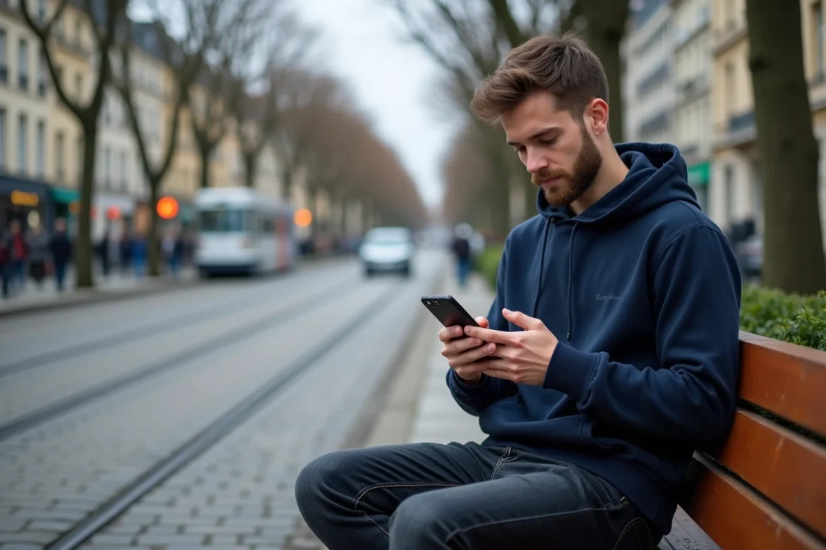 Un jeune homme consultant l'application self-service Keolis Orléans sur son smartphone à un arrêt de tram
