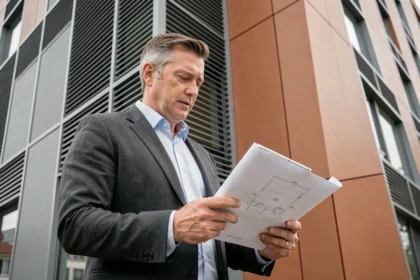 Architecte examinant les plans de modernisation d'une façade de bâtiment avec panneaux composites SVC