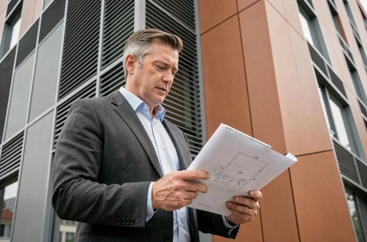 Architecte examinant les plans de modernisation d'une façade de bâtiment avec panneaux composites SVC
