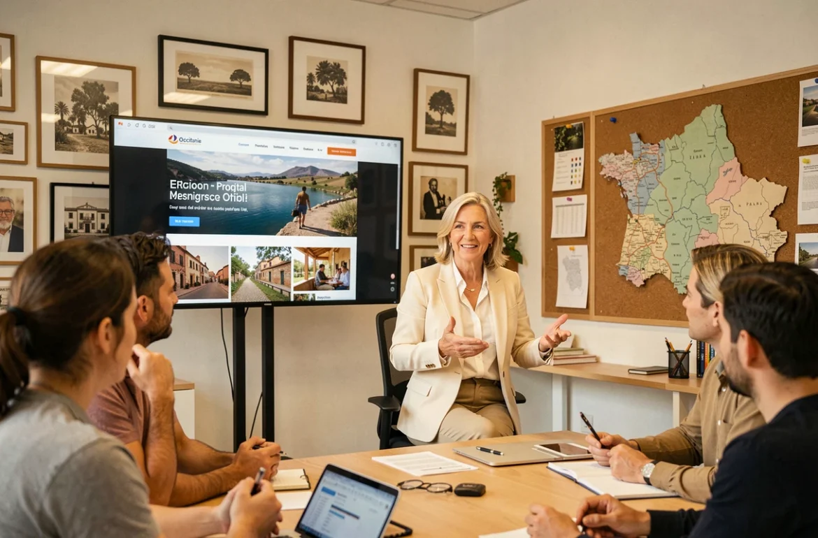 Chef de projet digital d'Artdim en Occitanie animant une revue créative devant un site de tourisme régional avec une carte de la région et des références culturelles occitanes
