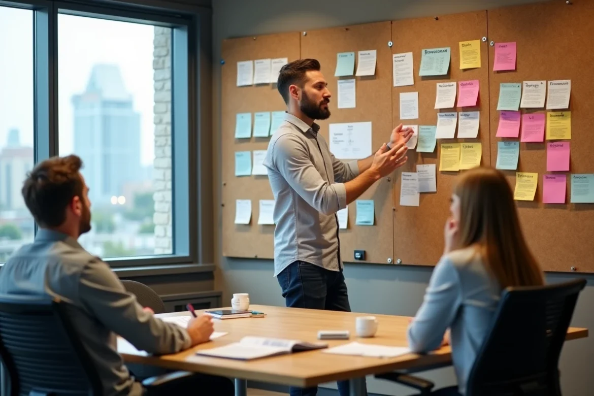 Animateur présentant un tableau de liège organisé avec des fiches d'idées colorées lors d'un atelier participatif en entreprise