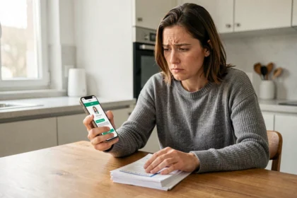 Femme frustrée attendant une réponse du service consommateur Darty avec son smartphone et des documents de garantie sur la table