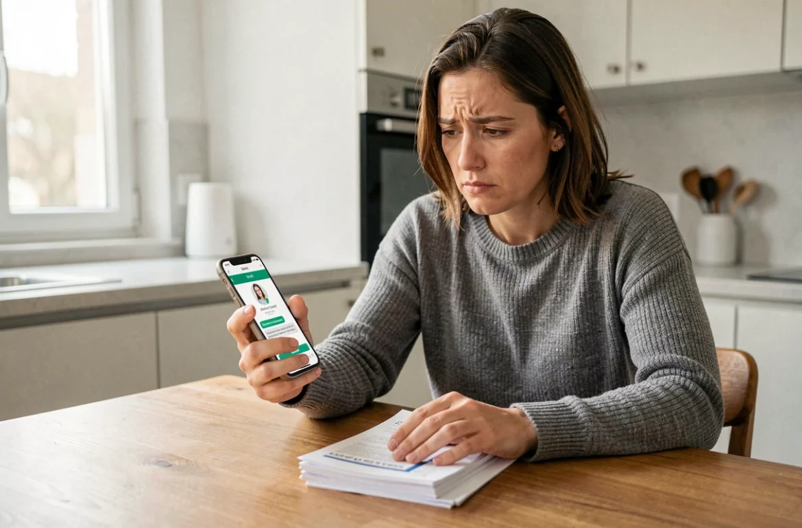 Femme frustrée attendant une réponse du service consommateur Darty avec son smartphone et des documents de garantie sur la table