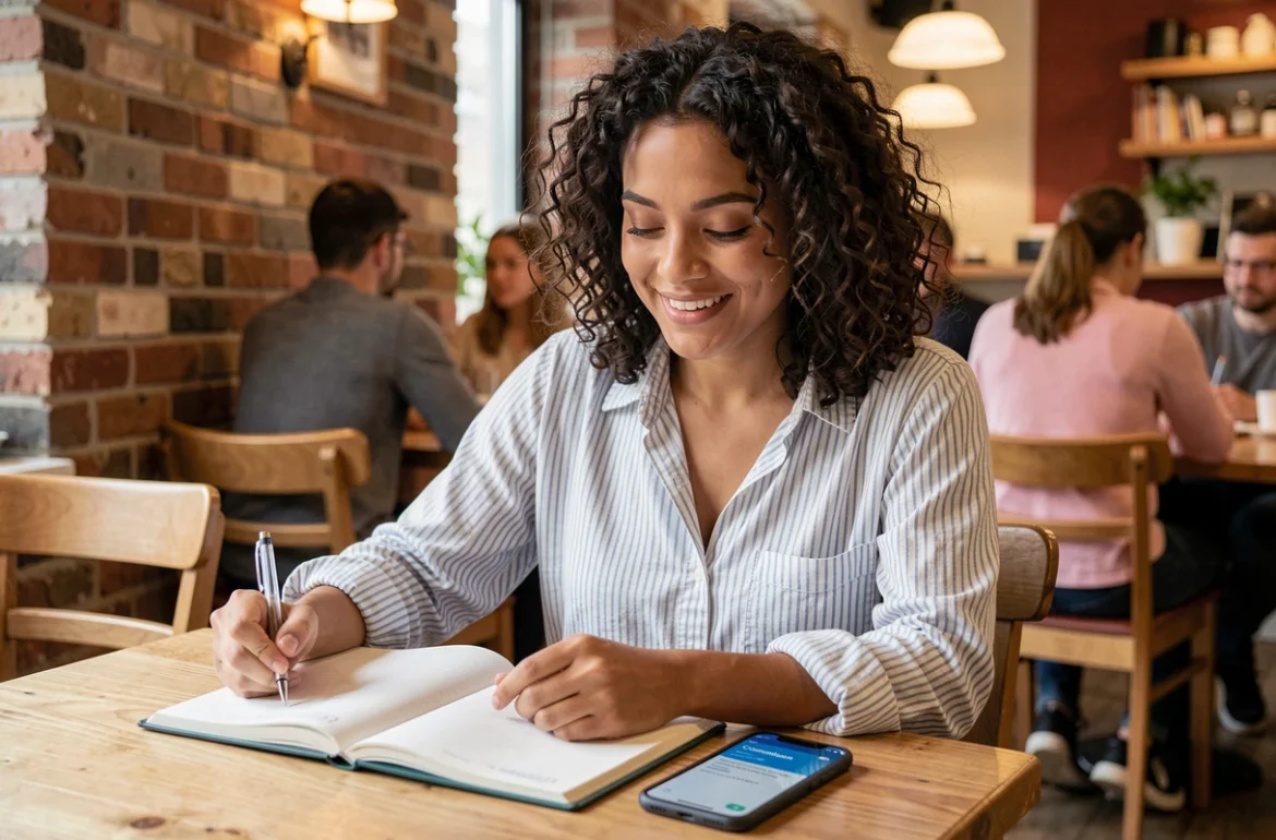 Jeune auto-entrepreneuse recevant sa confirmation de numéro URSSAF sur smartphone dans un café