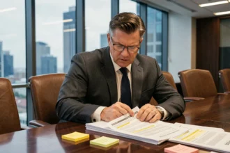 Avocat en costume gris analysant des documents juridiques liés à une fusion-acquisition dans une salle de réunion moderne
