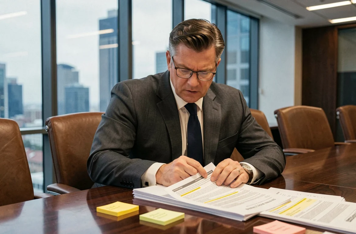 Avocat en costume gris analysant des documents juridiques liés à une fusion-acquisition dans une salle de réunion moderne