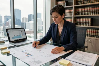 Avocate analysant des indices juridiques et financiers dans un bureau moderne rempli de documents officiels