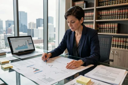 Avocate analysant des indices juridiques et financiers dans un bureau moderne rempli de documents officiels