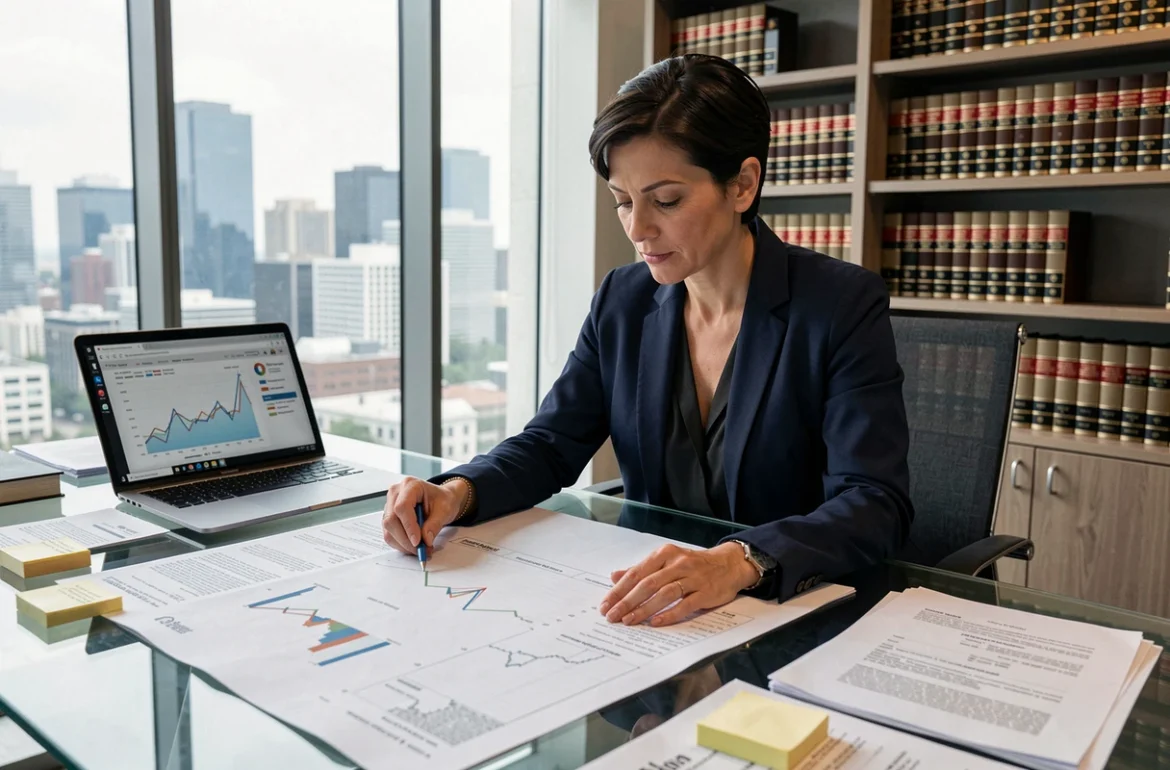 Avocate analysant des indices juridiques et financiers dans un bureau moderne rempli de documents officiels