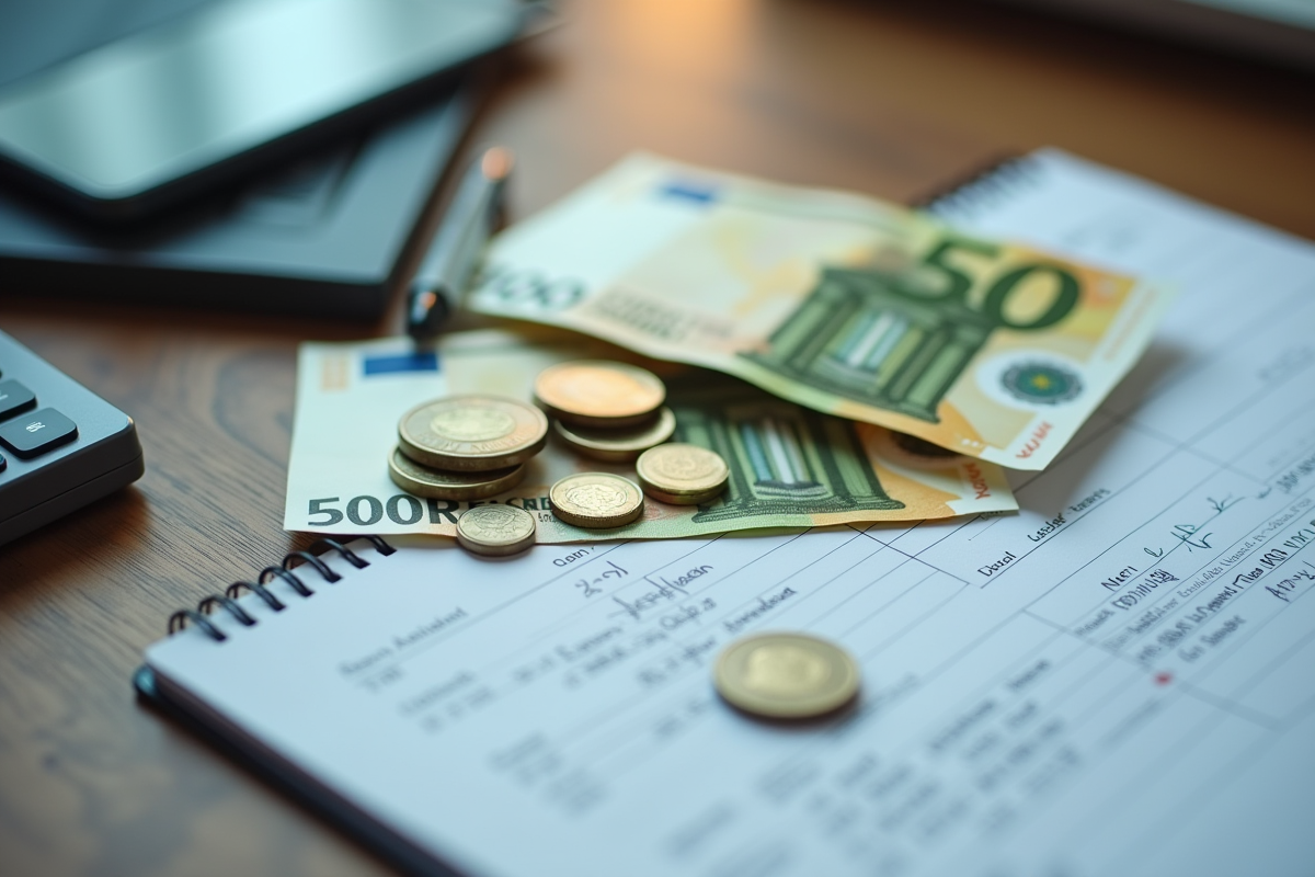 Billets et pièces d euro avec un carnet de notes