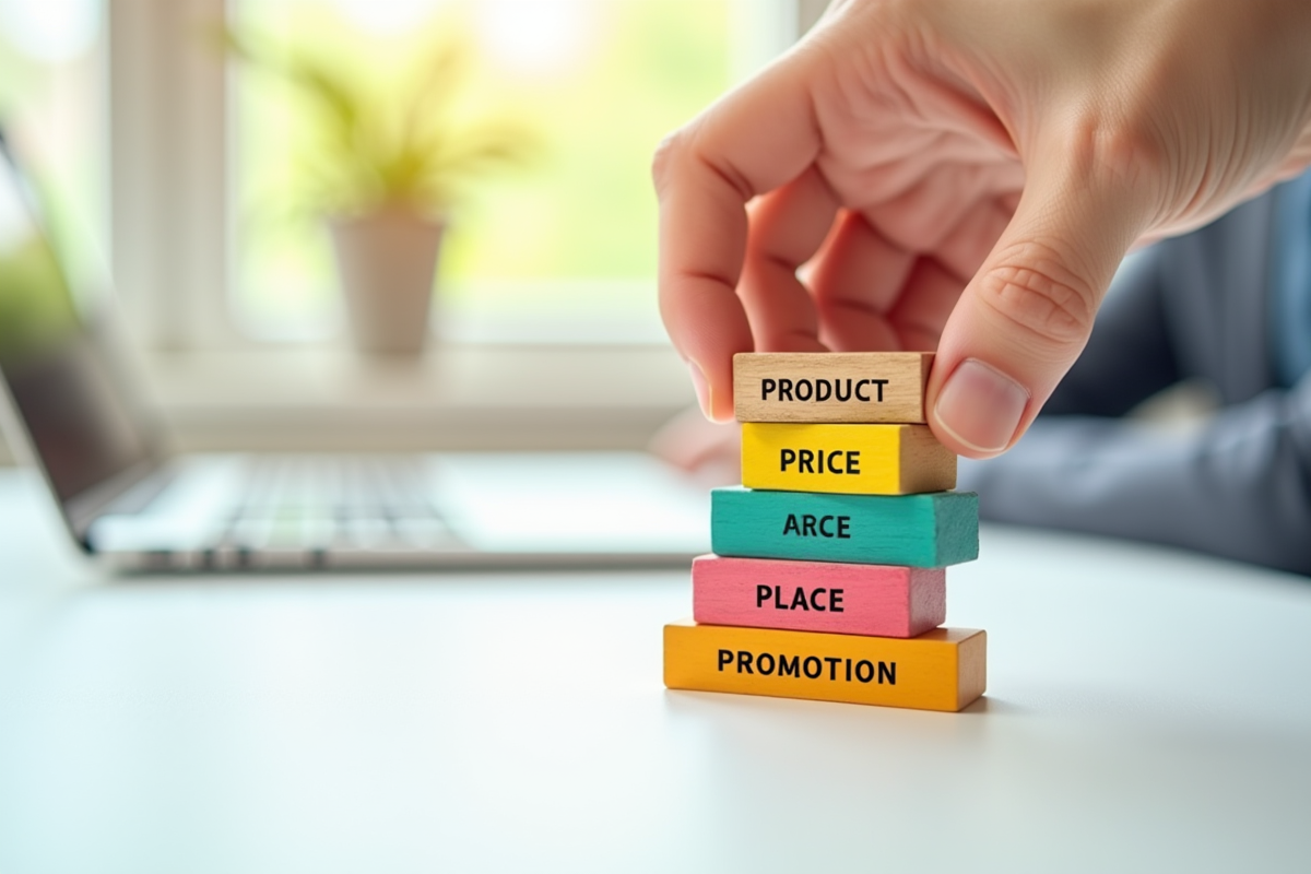 Main arrangeant blocs en bois colorés avec variables marketing