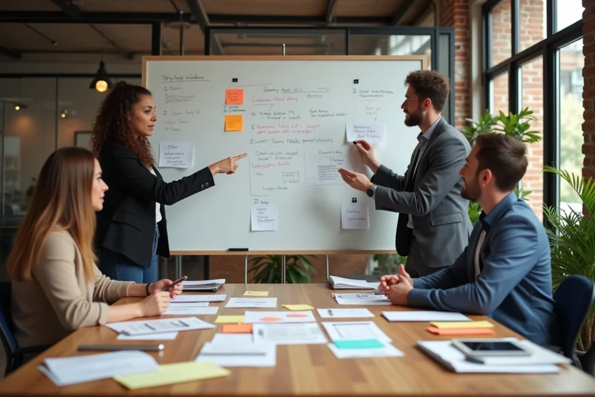Équipe de professionnels réunis autour d'une table discutant d'une boîte à idées participative avec des post-its et un tableau blanc