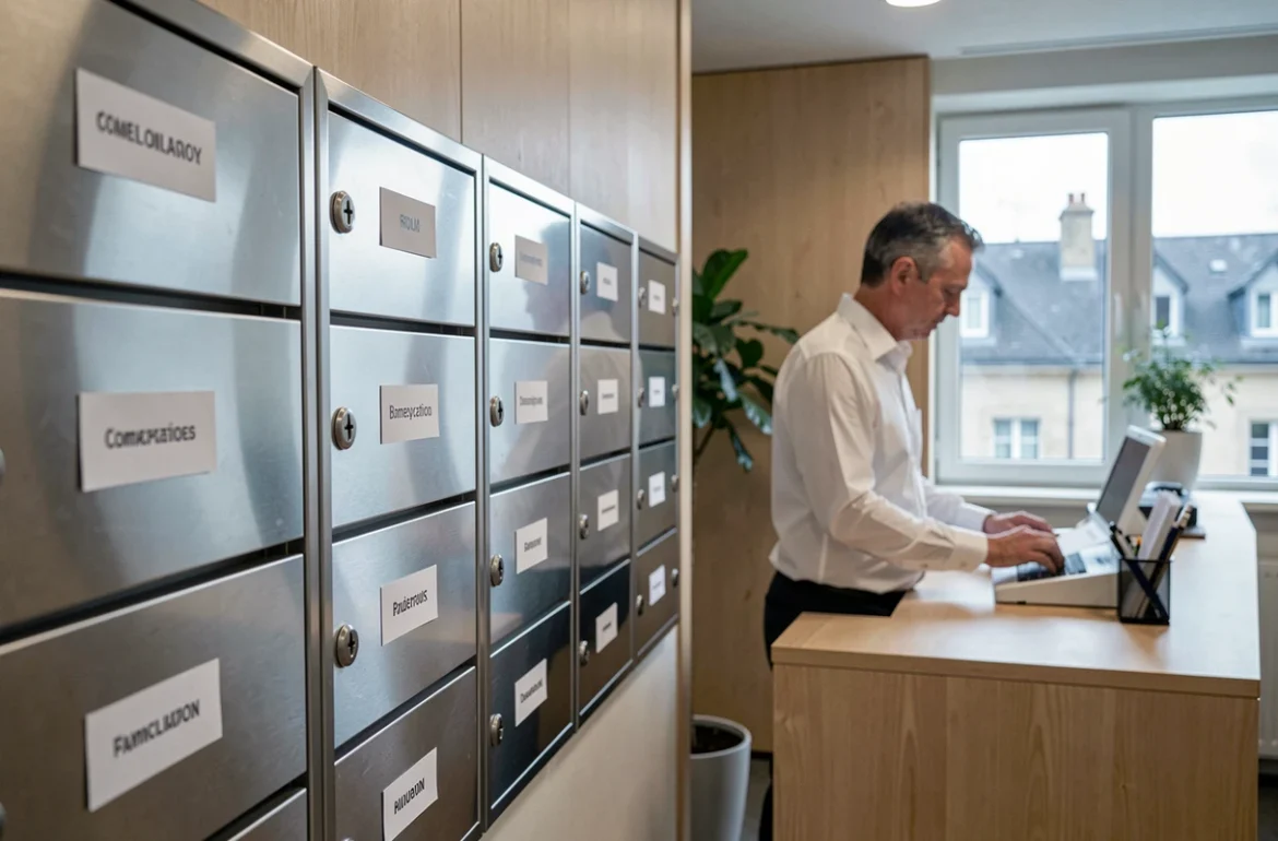 Rangée de boîtes aux lettres professionnelles dans un centre de domiciliation d'entreprise à Rouen
