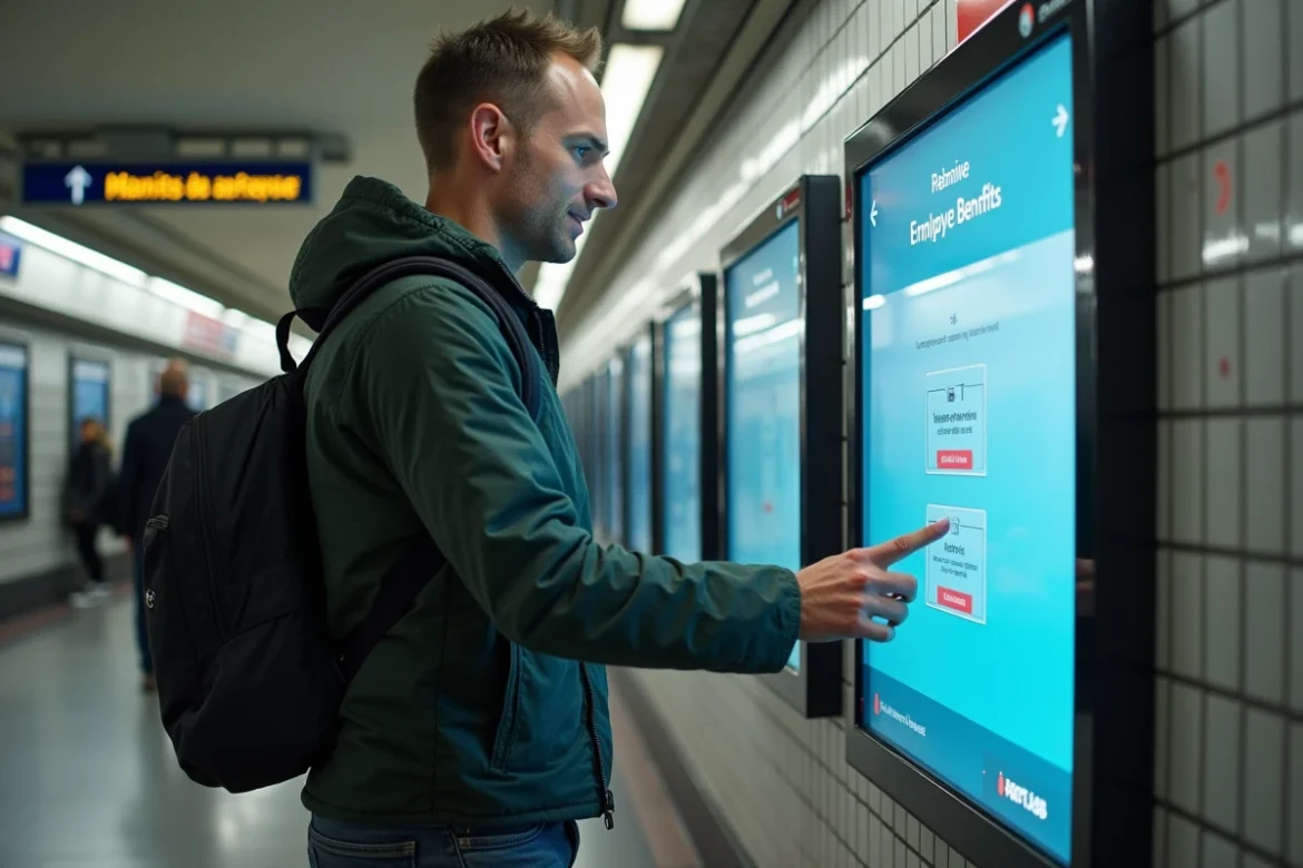 Employé RATP consultant le portail CE RDS sur une borne numérique dans une station de métro parisienne
