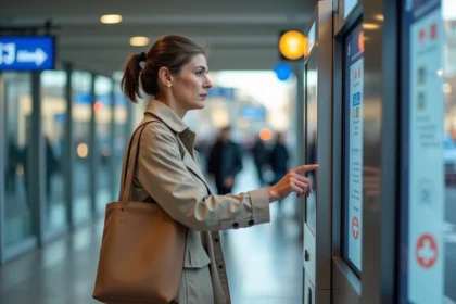 Une femme utilisant un borne self-service Keolis à la gare routière d'Orléans pour gérer son abonnement de transport