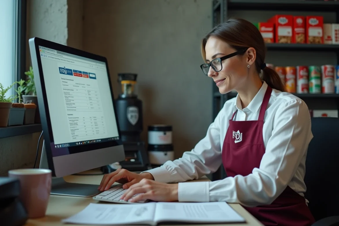 Buraliste féminine gérant l'interface Profession Jeux FDJ sur ordinateur dans l'arrière-boutique d'un tabac