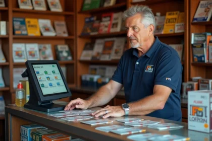 Buraliste professionnel derrière son comptoir manipulant un terminal Profession Jeux FDJ dans un tabac français traditionnel