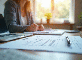 Bureau moderne avec documents financiers et ordinateur pour article