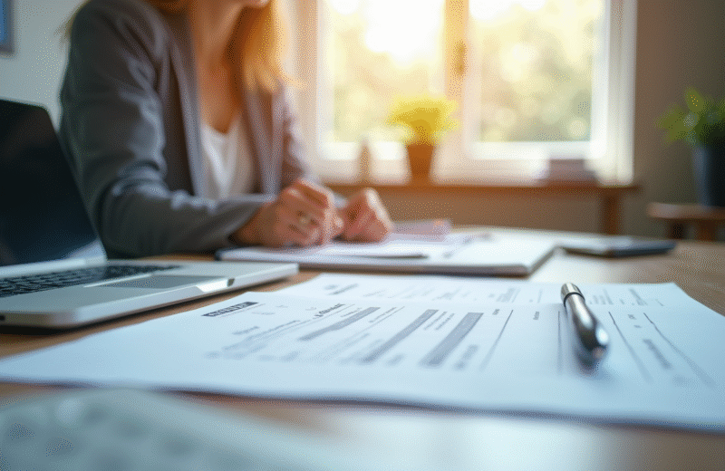 Bureau moderne avec documents financiers et ordinateur pour article