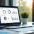 Bureau moderne avec ordinateur affichant logiciel d'automatisation marketing