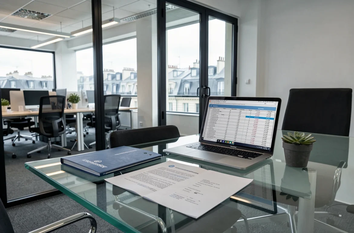 Bureau privé avec contrat de domiciliation d'entreprise et comparatif de prix sur ordinateur portable dans un espace de coworking parisien