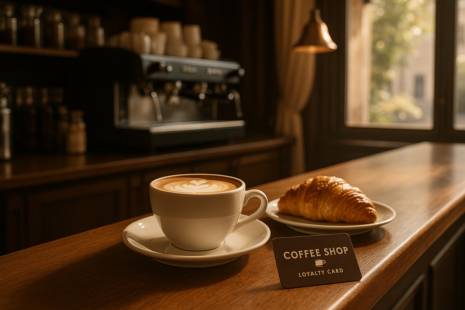 Coin de comptoir de cafe avec carte de fidelite et cappuccino
