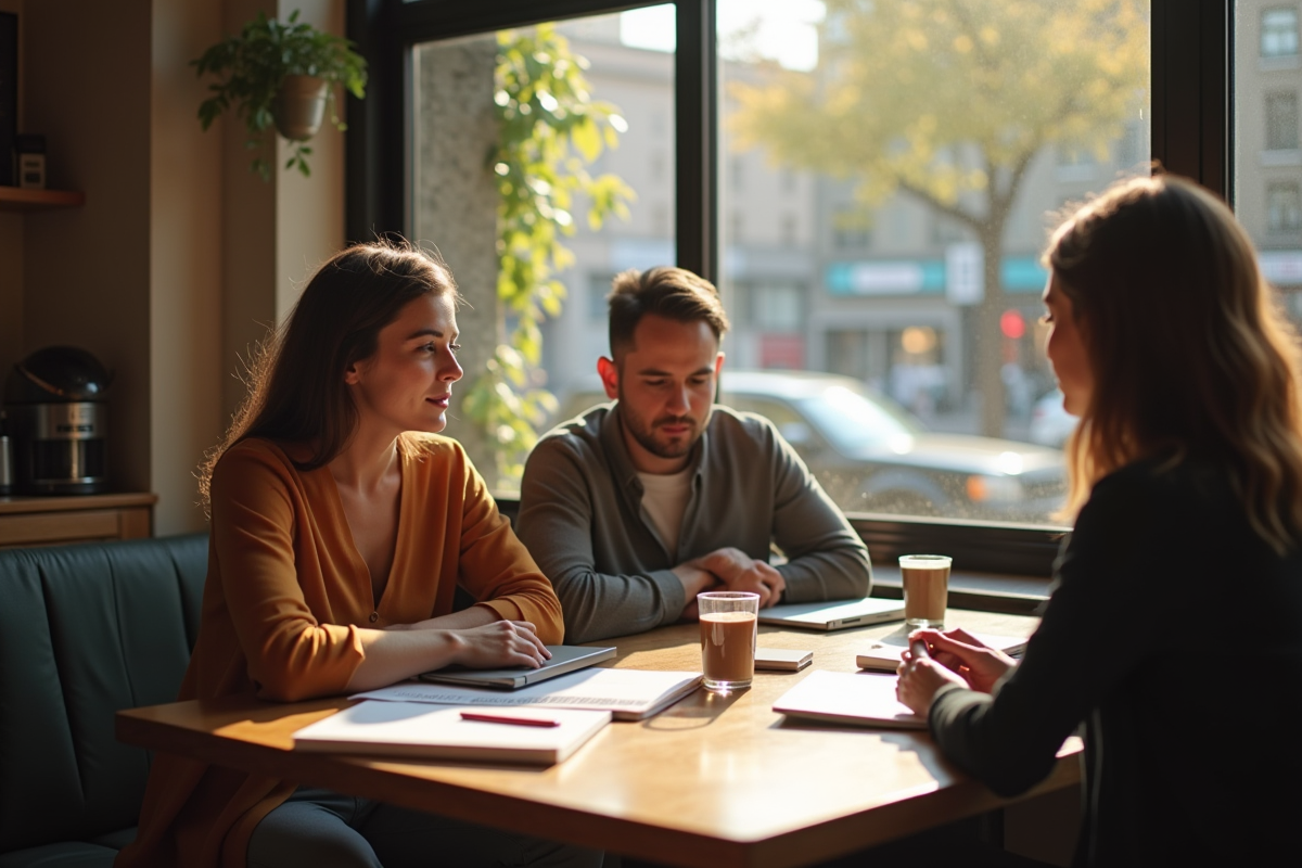 Groupe de personnes discutant dans un café en ville ensoleille
