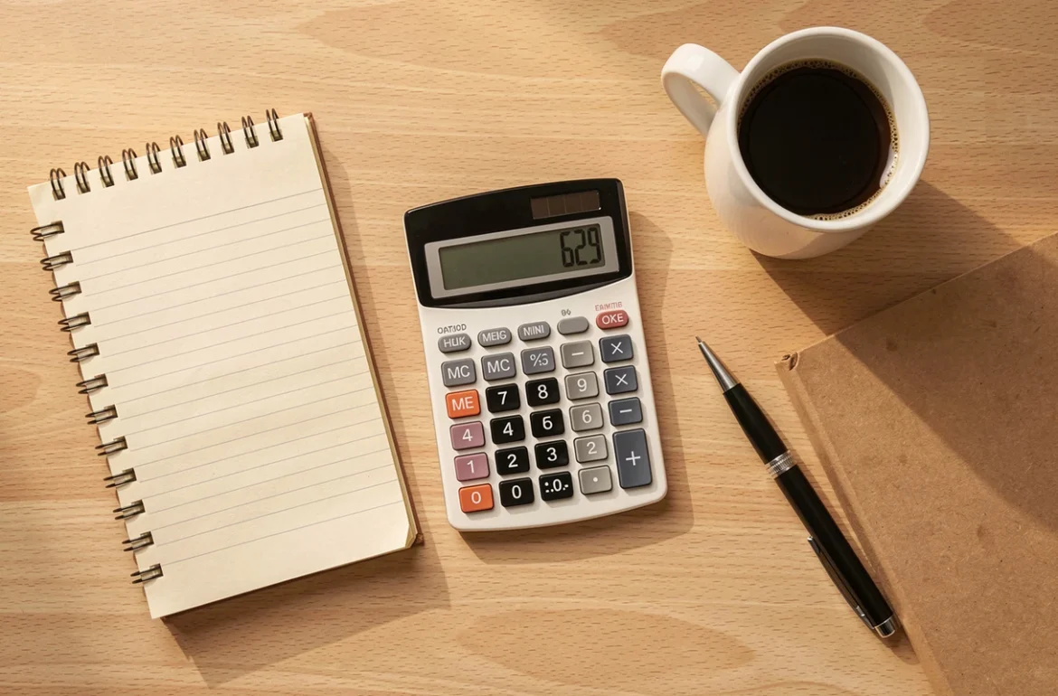 Calculatrice et bloc-notes sur un bureau pour suivre un chiffre d'affaires
