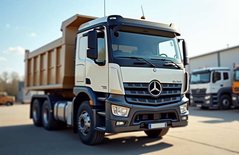 Camion benne d'occasion dans un lot industriel en plein jour