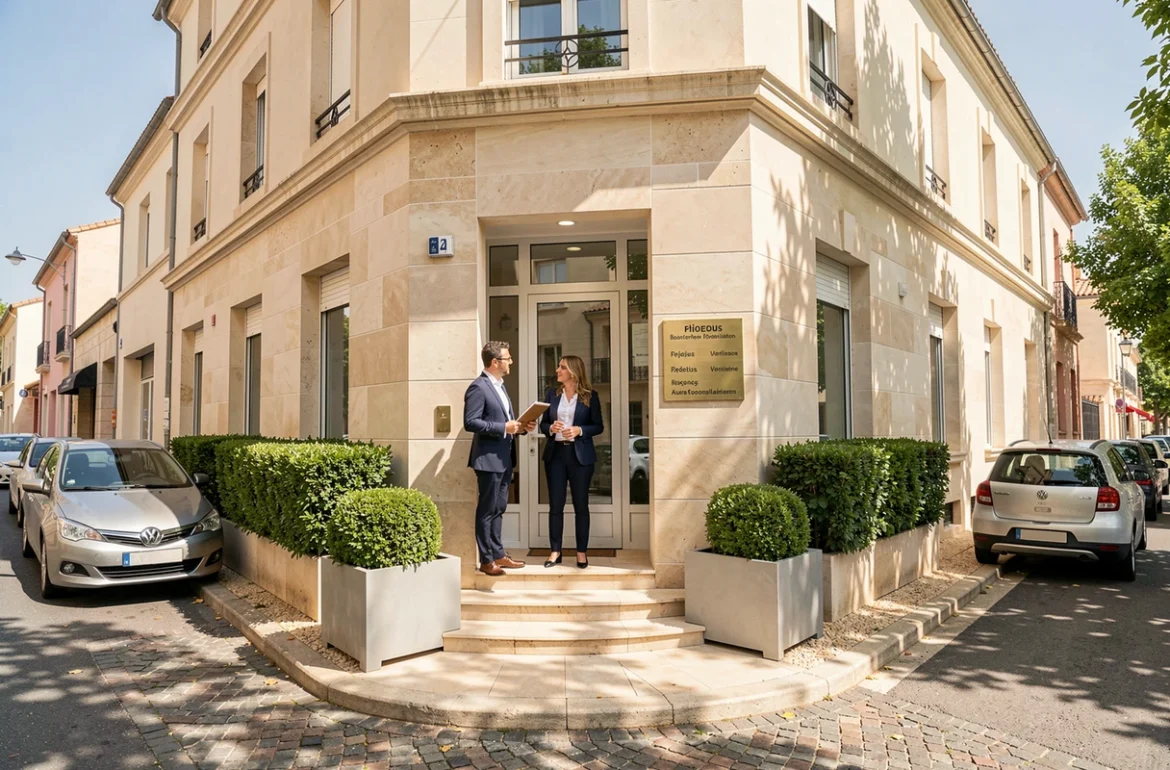 Façade d'un centre de domiciliation d'entreprises dans le Var avec des professionnels à l'entrée