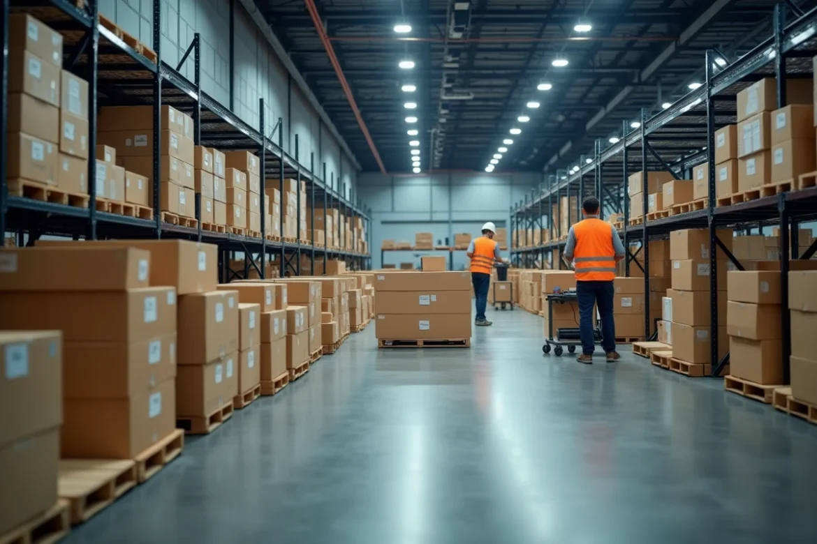 Intérieur d'un centre de tri logistique avec convoyeurs et colis empilés, représentant le site hub postal de Harnes