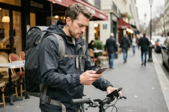 Chauffeur livreur Uber Eats en ville vérifiant son smartphone sur son vélo dans une rue parisienne animée