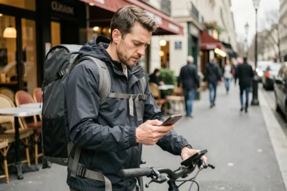 Chauffeur livreur Uber Eats en ville vérifiant son smartphone sur son vélo dans une rue parisienne animée
