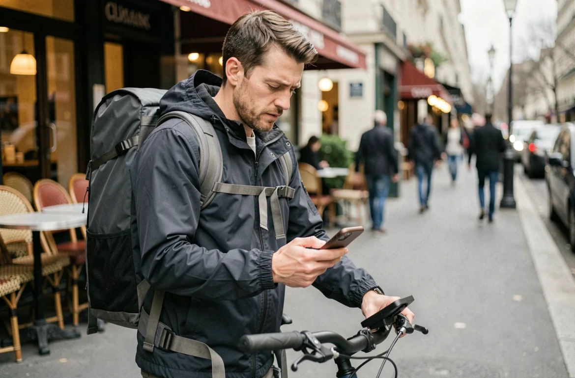 Chauffeur livreur Uber Eats en ville vérifiant son smartphone sur son vélo dans une rue parisienne animée