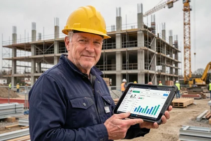 Chef de chantier BTP utilisant un logiciel de gestion de chantier sur tablette devant une structure en béton en construction