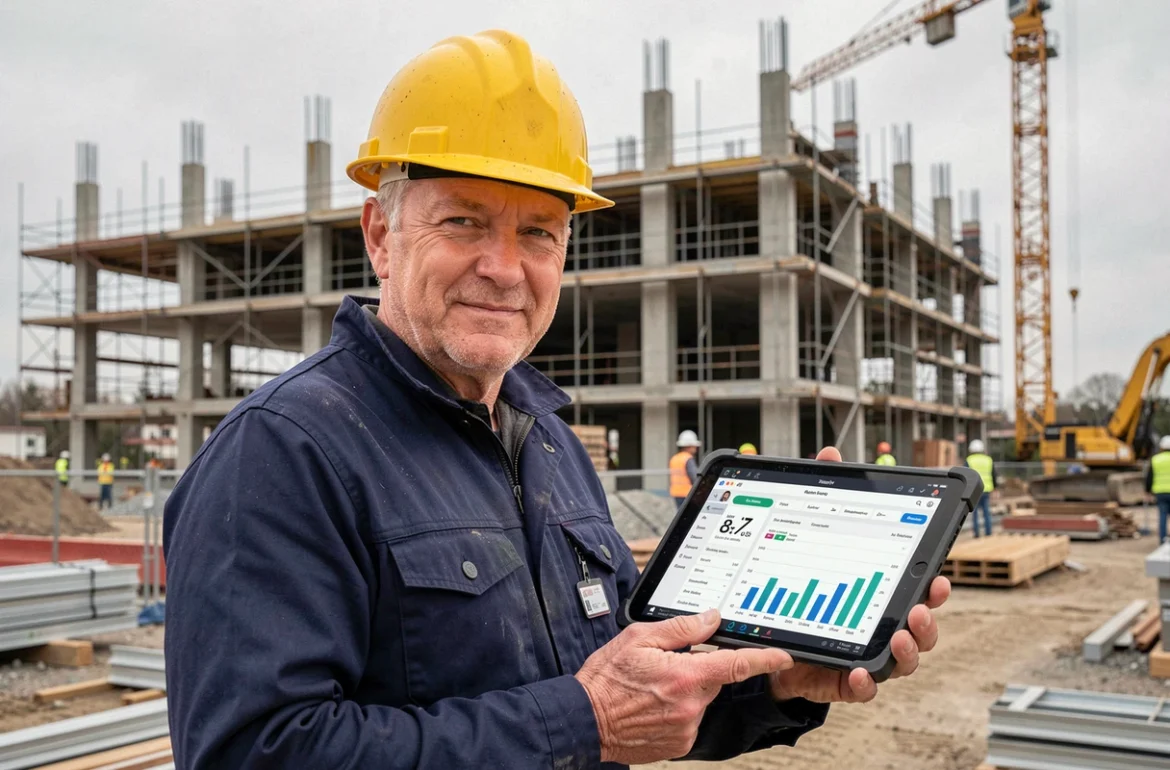 Chef de chantier BTP utilisant un logiciel de gestion de chantier sur tablette devant une structure en béton en construction