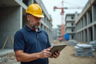 Chef de chantier utilisant un logiciel de gestion sur tablette pour optimiser le planning des travaux sur un chantier en construction